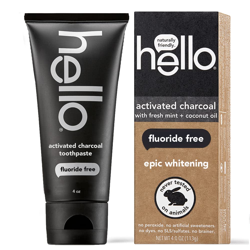 Book Cover Hello Activated Charcoal Epic Teeth Whitening Fluoride Free Toothpaste, Fresh Mint and Coconut Oil, Vegan, SLS Free, Gluten Free and Peroxide Free, 4 Ounce
