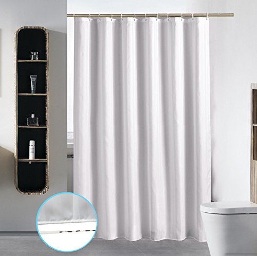 Book Cover S·Lattye Extra Long Washable Shower Curtain Liner Bathroom Waterproof Fabric Cloth Polyester (Best Hotel Quality Friendly Damask Stripe) with Curved Plastic Hooks Set - 72 x 84, White
