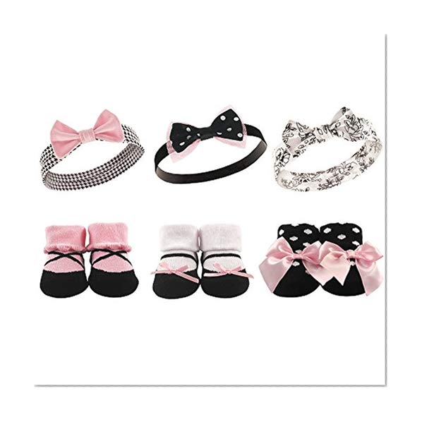 Book Cover Hudson Baby Baby Girls' Headband and Socks Set, 6 Piece, Black, White/Pink, 0-9 Months