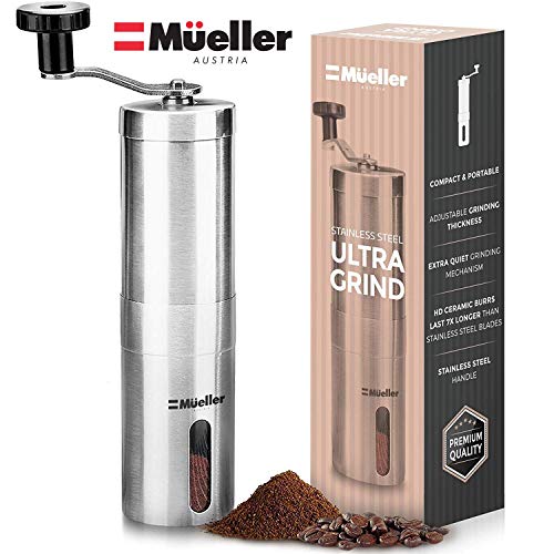 Mueller Austria Manual Coffee Grinder, Whole Bean Conical Burr Mill for French Press/Turkish-Strongest and Heaviest Duty, Packaging May Vary, Hand Size, Brushed Stainless Steel