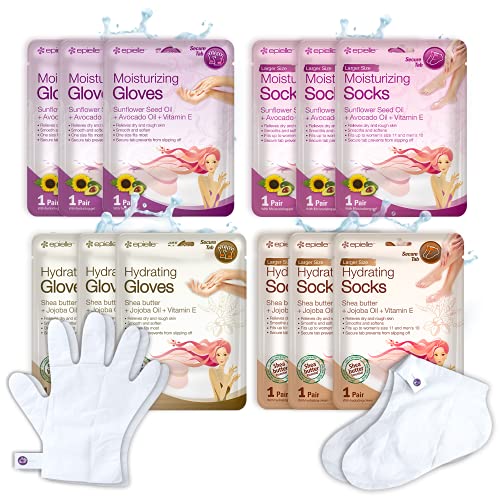 Book Cover Epielle Hydrating & Moisturizing Gloves & Socks Masks Combo 12pk for Hand and Foot - Dry hand, Dry cracked heel |Coconut Oil, Milk Extract, Hyaluronic Acid, Sunflower Seed Oil, Avocado oil, Vitamin E