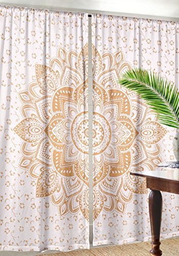 White-Gold Floral Ombre Mandala Curtains Tapestry (87" Length X 41" Width) | Indian Drapery Bohemian Curtains Home Decor | Large Balcony Valance, Room Divider Curtains | Sheer Wall Hangings Portiere