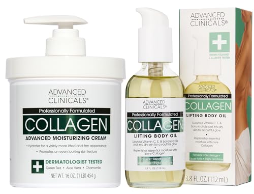 Advanced Clinicals Collagen Body Oil + Unscented Collagen Cream Body Lotion & Face Cream 2PC Beauty Skin Care Set For Women & Men For Improving Appearance Of Crepey Skin, Dry Skin, & Wrinkles, 2pc