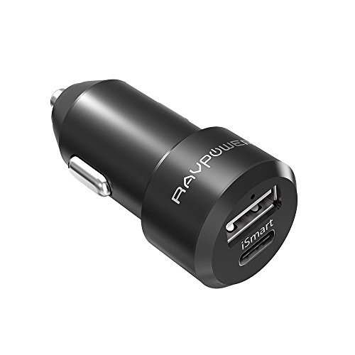 USB C Car Charger RAVPower Car Adapter with 5V/3A Type C and iSmart 2.0 Ports, Compatible Google Pixel Nexus, Galaxy S9 S8 Note 8, LG G6, HTC 10 and iPhone XS XR X 8 7 Plus, iPad and More