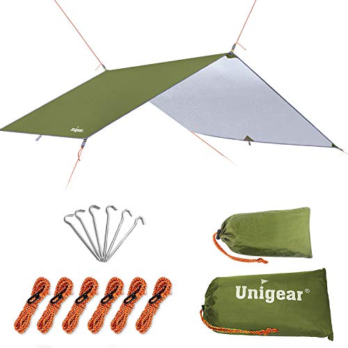 Unigear Hammock Rain Fly Waterproof Tent Tarp Camping Backpacking Tarp Shelter, Lightweight for Survival Gear, 6 Stakes and Ropes Included (Green, 118x118inch)