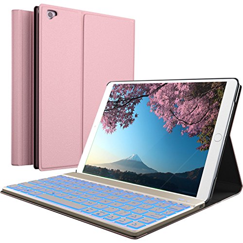 iPad Keyboard Case for New 2018 iPad, 2017 iPad, iPad Pro 9.7, iPad Air 1 and 2 – BT Backlit Detachable Quiet Keyboard – Slim Leather Folio Cover – 7 Color Backlight – Apple Tablet (9.7, Rose)