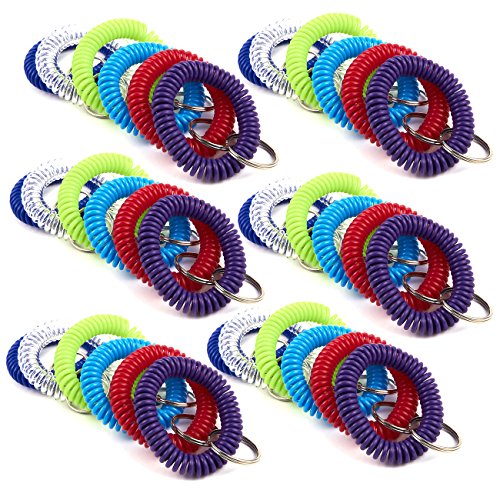 Blue Panda Coil Bracelet Keychain Set - 36-Pack Key Ring Wrist Coils, Spiral Stretch Plastic Accessoies, Ideal Swimming Pool, Gym, Vacation Key Safety, 6 Assorted Colors