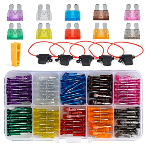 QLOUNI 106 in 1 Standard Blade Fuse Assorted Kit, 100 Auto Car Micro Blade Fuse (2A, 3A, 5A, 7.5A, 10A, 15A, 20A, 25A, 30A, 35A), 5 Inline Fuse Holder Replacement Kit 16AWG and 1 Blade Fuse Extractor