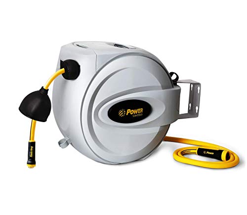 Power Retractable Hose Reel 5/8" x 50 + 6 FT, Super Heavy Duty, 500 PSI Burst Strength, 3 Layer Hybrid Hose, Slow Return System, Exclusive Twist Collar and The Patented Nozzle Protector