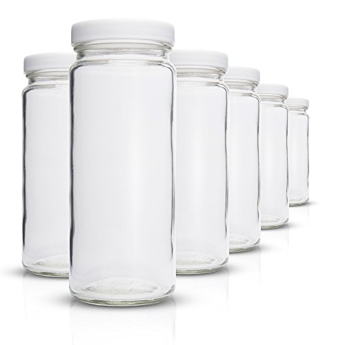 All About Juicing Clear Glass Water Bottles Set - 6 Pack Wide Mouth with Lids for Juice, Smoothies, Beverage Storage - 16 oz, Durable, Eco Friendly & BPA Free - Reusable, Dishwasher Safe, Leak Proof