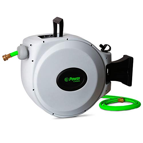 Power Retractable Hose Reel 50 ft + 6 ft x 5/8" - Brass Fittings, Super Heavy Duty, Slow Return System, 350 PSI Burst Strength, 3 Layer Hybrid Hose - Wall Mounted Water Hose Reel (Standard)