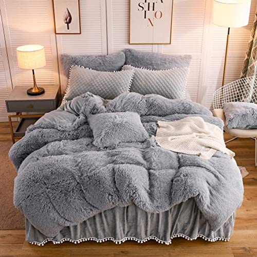 LIFEREVO Luxury Plush Shaggy Duvet Cover Set (1 Faux Fur Duvet Cover + 1 Pompoms Fringe Pillow Sham) Solid, Zipper Closure (Twin, Gray)