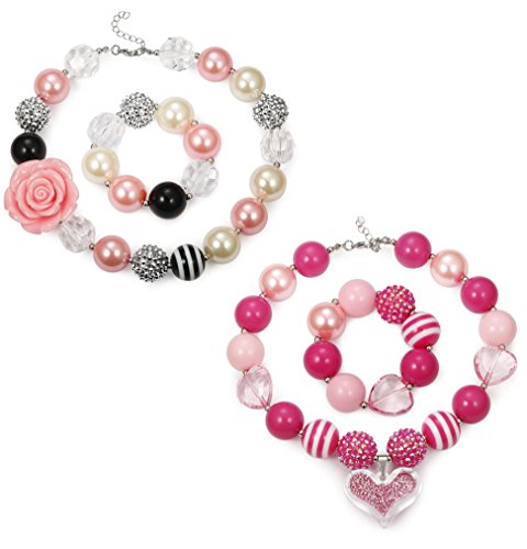 FINREZIO 2 Pairs Cute Chunky Bubblegum Necklace and Bracelet set for Girls