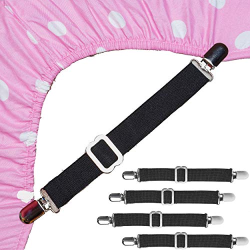 Book Cover FeelAtHome 4 PCS Bed Sheet Clips Keep Bedsheets in Place-Corner Bands Suspenders for Fitted Sheets - Mattress Sheets Grippers Holders Straps Fits from Twin Queen King Garters Fasteners Clamps