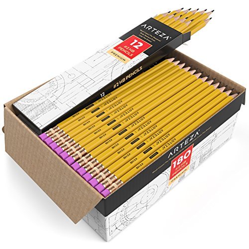 ARTEZA Crayons en Bois-HB N°2- Pré-Aiguisés - Gommes Sans Latex - (Boîte de 180)