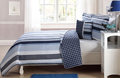 Book Cover Elegant Home Multicolor Navy Light Blue White Elegant Striped Stripes Design Printed Reversible Colorful 4 Piece Quilt Bedspread Bedding Set with Decorative Pillow for Kids/Boys (Full)