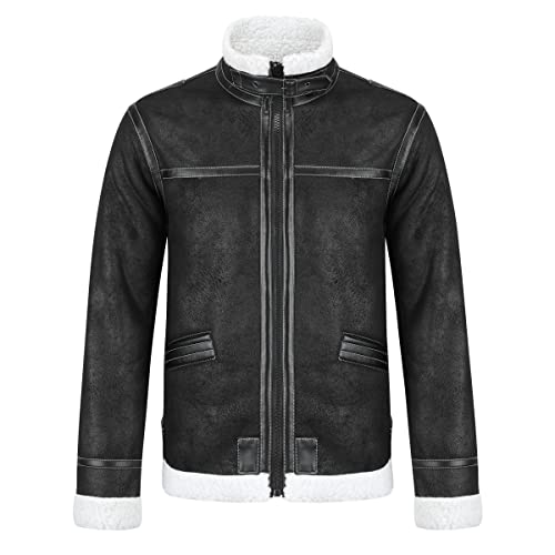 AOWOFS Men's Faux Leather Jacket Brown Motorcycle Bomber Shearling Suede Stand Collar