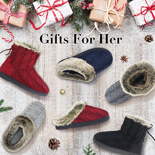 Women's Soft Yarn Cable Knitted Slippers Memory Foam Anti-Skid Sole House Shoes w/Faux Fur Collar, Indoor & Outdoor