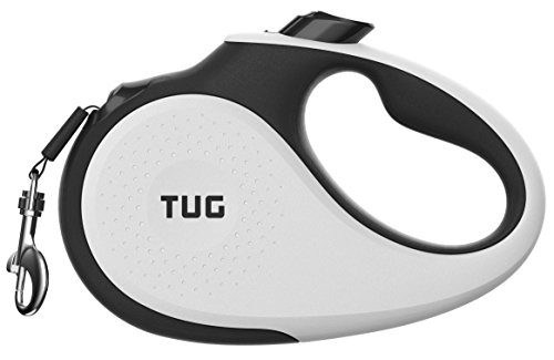 TUG 360Â° Tangle-Free Retractable Dog Leash for Up to 55 lb Dog | 16 ft Strong Nylon Tape | One-Handed Brake, Pause, Lock (Medium, White)