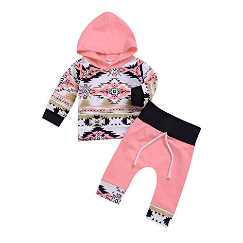 2Pcs Baby Girls Fall Winter Long Sleeve Floral Geometric Print Hoodie + Pants Outfit Set - Pink -