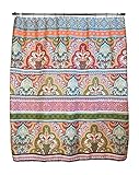 Blue Pink Green Boho Fabric Shower Curtain: Floral Damask with Geometric Border Design, Multi Colored, 70" x 72" inch