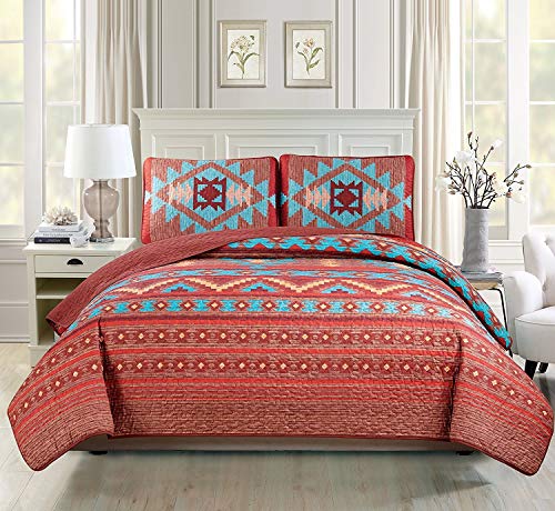 Book Cover Rustic Western Southwestern Native American Indian Tribal Navajo Quilted Bedspread Set in Turquoise Red Burgundy Orange and Brown â€“ Austin Brown (Full/Queen)