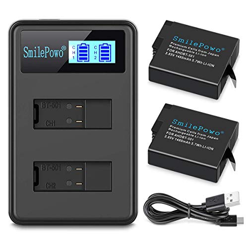 SmilePowo Two Replacement Battery and Dual LCD Battery Charger for Gopro Hero 7 Black,Hero 6,Hero 6 Black,Hero 5, HERO5 Black,Hero (2018),GoPro AHDBT-501