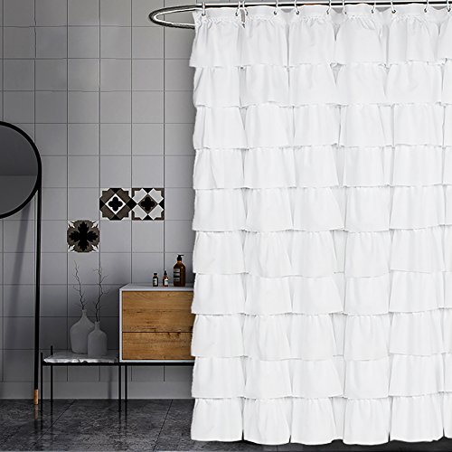 Book Cover Volens White Shower Curtain Fabric/Ruffle for Bathroom,72in Long
