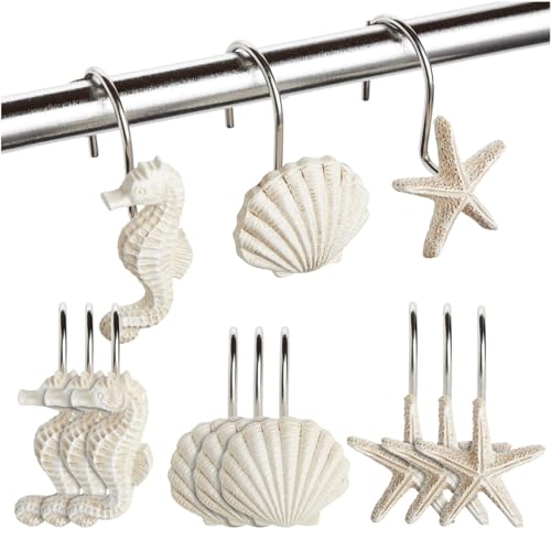 Juvale Seashell Shower Curtain Hooks (12-Pieces) - Decorative Bath Curtain Rings for Ocean-Themed Bathrooms - Seahorse, Seashell, Starfish Designs, White