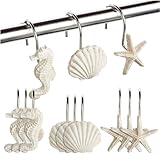 Juvale Seashell Shower Curtain Hooks - 12-Pack, Stainless Steel, 2 x 2.4 in, Mediterranean Style - Beach Theme & Coastal Decor - Seahorse & Starfish Designs - Rust-Proof Rings for Bathroom Decor
