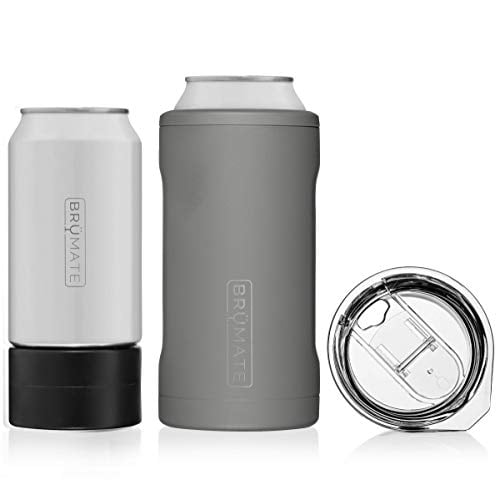 Book Cover BrüMate HOPSULATOR TRíO 3-in-1 Stainless Steel Insulated Can Cooler, Works With 12 Oz, 16 Oz Cans And As A Pint Glass (Matte Gray)