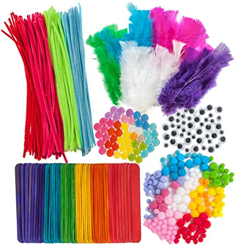 600 Piece Crafts Supplies Mega Pack - Includes Feathers. Craft Buttons, Pom Poms, Colored Popsicle Sticks, Googly Eyes, and Chenille Stems