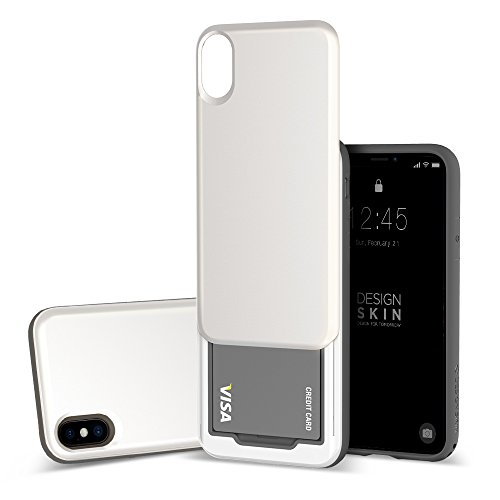 DesignSkin iPhone X Case, [Slider] [Sliding Card Holder Slot] Extreme heavy Duty 3-Layer Bumper Protection Shock Absorption Shockproof Wallet Cover with Card Holder Case for iPhone X - Matte White