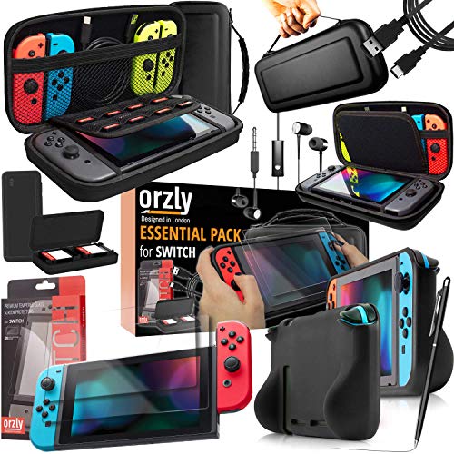 Switch Accessories Bundle - Orzly Essentials Pack for Nintendo Switch Case & Screen Protector (NOT OLED Model), Grip Case, Games Holder, Headphones - Classic Black Edition