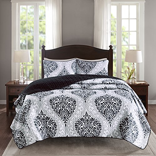 Book Cover Comfort Spaces Coco 3 Piece Quilt Coverlet Bedspread Ultra Soft Printed Damask Pattern Hypoallergenic Bedding Set, Full/Queen, Black