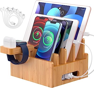 Book Cover Pezin & Hulin Bamboo Charging Stations for Multiple Devices, Desk Wood Docking Station Organizer for Cell Phone, Tablet, Watch Stand (Includes 4 Cables BUT NO Power Supply Charger)