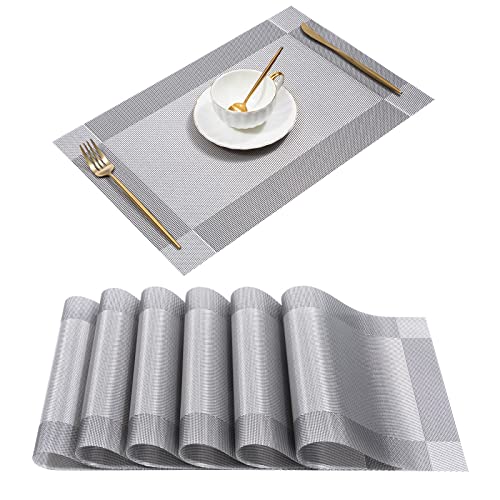 U'Artlines Placemat, Crossweave Woven Vinyl Non-Slip Insulation Placemat Washable Table Mats Set of 6 (6pcs placemats, Silver-Gray)