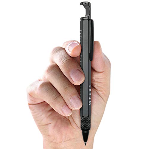 Book Cover ATECH Multifunction Pen 7 in 1 Tech Tool Pen with Ruler, Stylus, Bottle Opener, 2 Screw Driver, and Phone Stand, Multi Tool Fit for Mens (Black)
