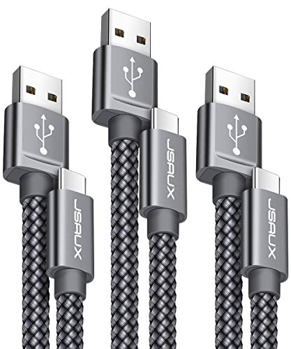 Book Cover USB C Cable Fast Charging,JSAUX 3-Pack(1ft+3.3ft+6.6ft) USB A to Type C Charger Nylon Braided Cord Compatible with Samsung Galaxy S10 S9 S8 Plus Note 10 9 8,Moto Z,LG V20 G6 G5,Switch and More(Grey)