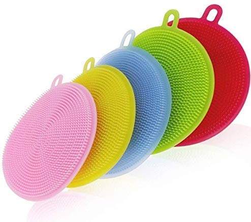 Book Cover UUSHER Silicone Scrubber, Silicone Sponges Multipurpose Kitchen Scrub Brush for Dish Pot and Veggies Fruit Non-Stick Pan 5 Colors