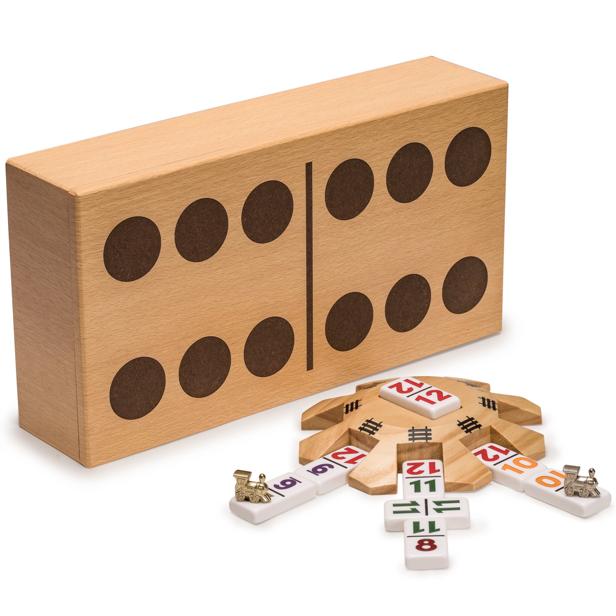 Yellow Mountain Imports Mexican Train Complete Set with Double 12 Number Dominoes, Wooden Hub, Die Cast Train Markers, and Scorepad