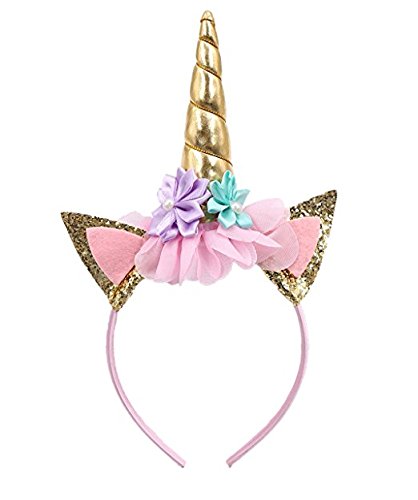 Lemoncy Horn Headband Ears Photo Girl Birthday Outfit Squishy Cheeks Gold Glitter Horn Headband Flowers Headwear Accessory for Party Decoration Cosplay Costume