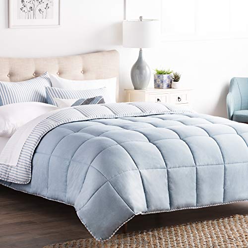 Book Cover BROOKSIDE Striped Chambray Comforter Set - Includes 2 Pillow Shams - Reversible - Down Alternative - Hypoallergenic - All Season - Box Stitched Design - Full - Calm Sea Blue
