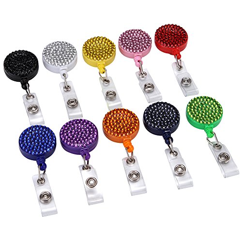 Crystal Rhinestone Badge Reel Retractable ID Badge Holder for ID Cards Badge Key Keychain Holders,10 Pack with Different Colors