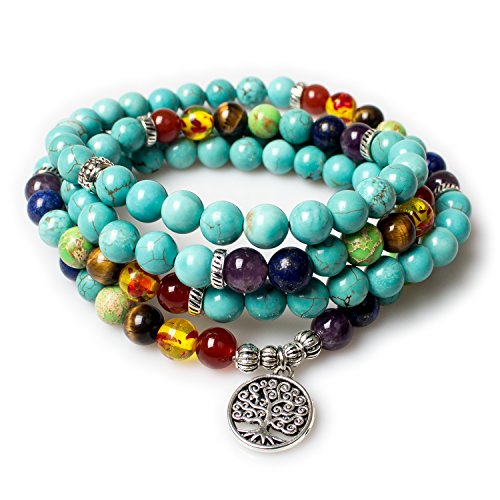 PWMENLK Turquoise,Mala Beads Tree of Life 7 Chakra Tibetan Prayer Beads Healing Gemstone Yoga Necklace Bracelet(Turquoise,Tree)