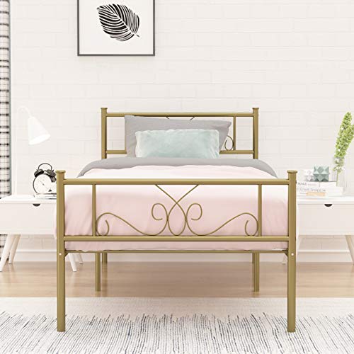 Book Cover SimLife Steel Platform Box Spring Needed White Metal Bed Frame Twin Size 6 Legs Two Headboards Mattress Foundation