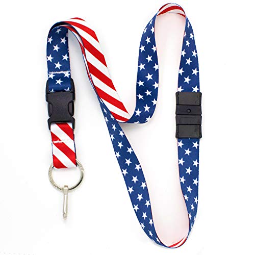 Buttonsmith Stars and Stripes Breakaway Lanyard - with Buckle and Flat Ring - Made in The USA