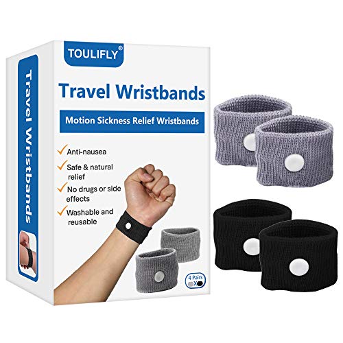 Book Cover Travel Wristbands,Travel Motion Sickness Relief Wrist Band,Natural Nausea Relief, 4-Pair (black1+grey1)