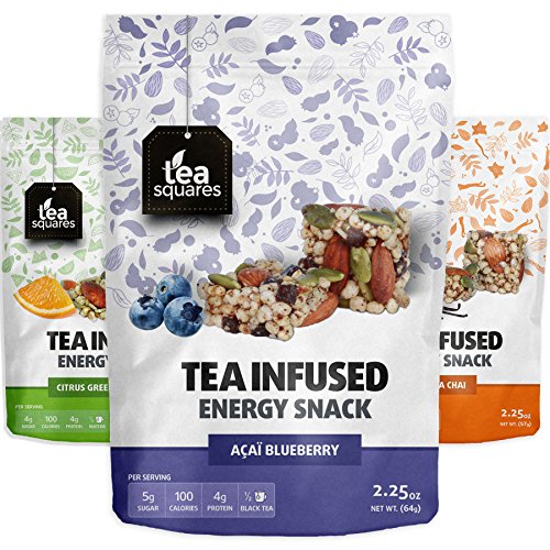 Crunchy, Nutty, Energy Bites (Variety Pack of 3) - 100cal, 4g plant-protein, 3-4g sugar, Energy Bar - Energy Snack - Protein Snacks - Caffeinated Energy Bar - Vegan - Snack Bites - Tea Squares