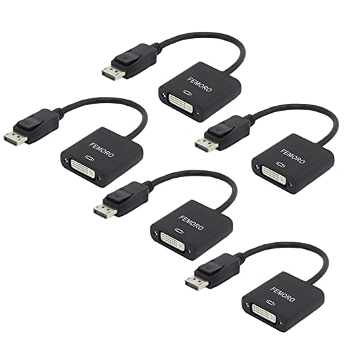 DisplayPort to DVI Adapter 5-Pack, FEMORO Display Port DP to DVI-I Adapter 1080P for All DP Port Computer, Laptop, Desktop - Black